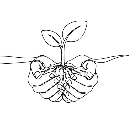 A minimalist illustration of hands protecting a young seedling with visible roots, symbolizing growth, sustainability, and environmental care.の写真素材