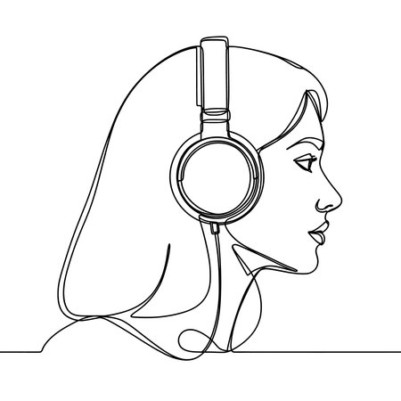 Continuous one line drawing of a woman's profile wearing headphones, simple and elegant black on white design.の写真素材