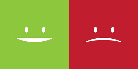 Happy, smile face icons on green background and Unhappy face icons on red background. Vector illustrationのイラスト素材