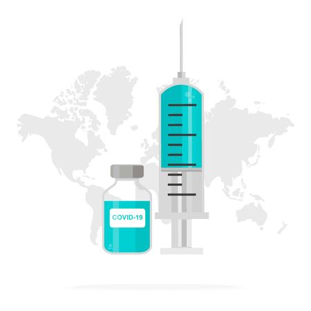 Vaccine for coronavirus, background world map. Syringe and vial on circle world map. Vector illlustrationのイラスト素材