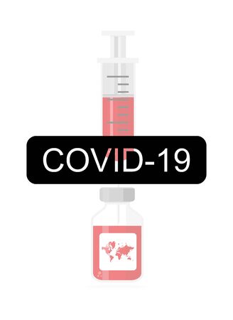 Covid-19 text, syringe and vaccine in the background. Vaccine for corona virus, covÄ±d-19. Vector Ä°llustrationのイラスト素材