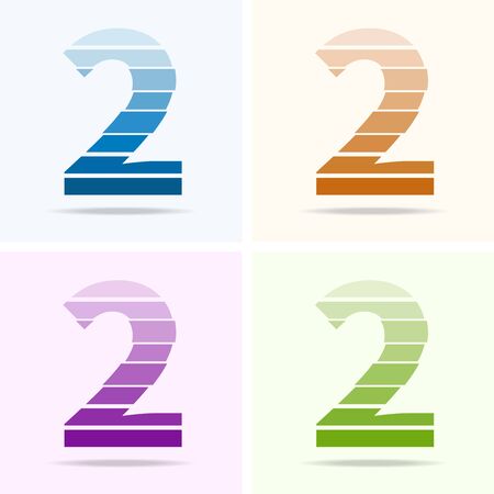 Number 2 logo set, modern emblem, desing element template. Number design in orange, blue, purple, green colors. Isolated Vectorのイラスト素材