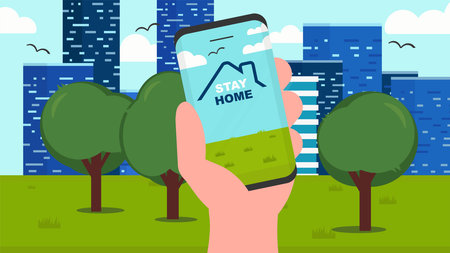 Stay home banner template. Hand hold phone and stay home theme on the screen. Urban life and natural...