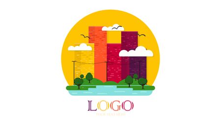 City  vector.  Skyscraper or apartment buildings, in city downtown with trees, clouds and flying birds, electric poles.のイラスト素材