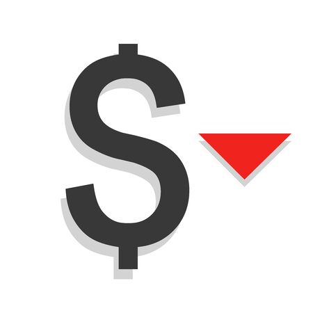 Dollar down icon. Cost reduction sign. Money symbol with arrow stretching rising drop fall down. Decrease dollar, fall, vector illustration.のイラスト素材