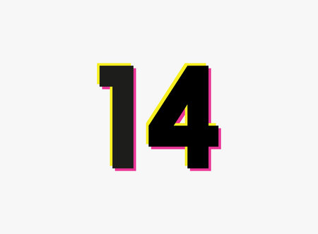 Number 14 vector desing logo. Dynamic, split-color, shadow of number pink and yellow on white...