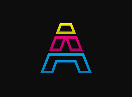 A letter logo, vector desing font .Dynamic cmyk split blue, pink, yellow color on black background. For social media, design elements, creative poster, web template etc.のイラスト素材