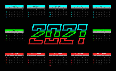 2021 calendar vector design. Red, green, blue color circular styleのイラスト素材