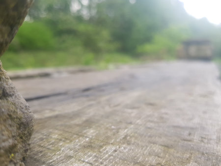 Abstract blurred image from the top of a wooden bench to the woodsの写真素材