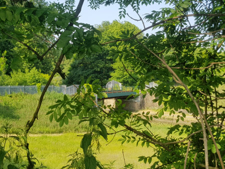 Railway bridge over the canal with a sunlit filed seen through the foliage on a bright summer day.の写真素材