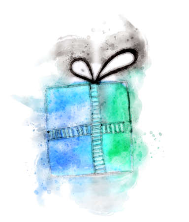 Blue gift in watercolorの写真素材