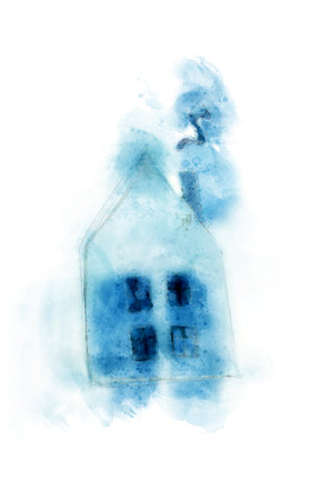 wintry blue house in watercolorの写真素材