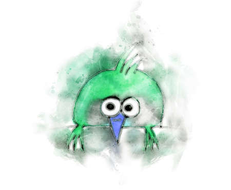 Green hand painted bird in watercolorの写真素材