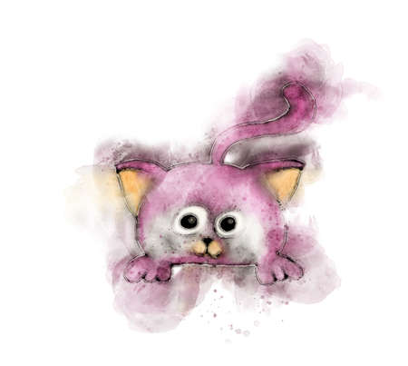 Wine red hand painted cat with 2 paws in watercolorの写真素材