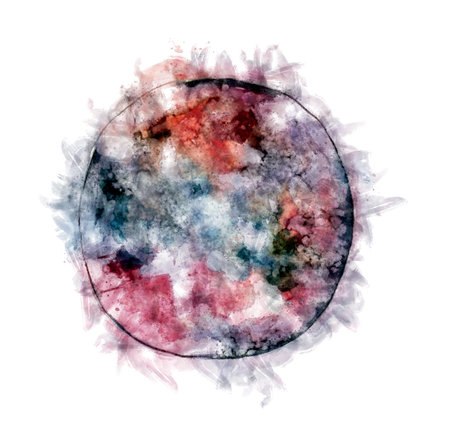 handmade colored planet in red, orange, pink, blue and green with black line in watercolors