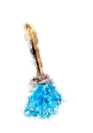 handmade broom with blue rice vinegar to clean up in watercolor with splashes and swooshesの写真素材