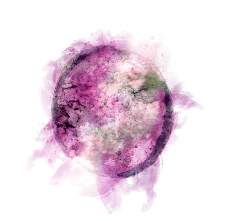 Handmade pink circle planet with pattern in watercolor with splashes and swooshesの写真素材