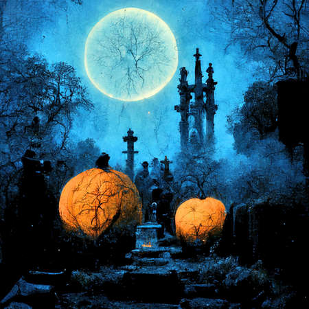 2 orange pumpkins at night in a graveyard with a big moon in the backgroundの写真素材