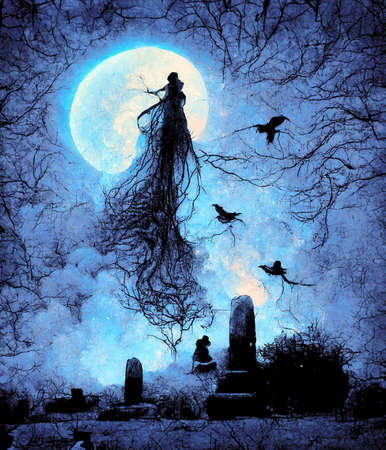 Spooky graveyard at night with a bright moon showing a delicate ghost with a long dressの写真素材
