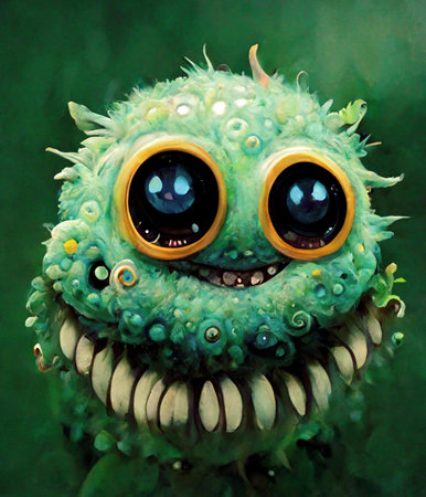 Little green monster with 2 big black bulging eyes and lots of sharp teethの写真素材