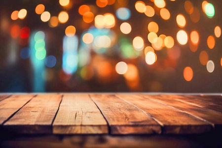 Empty wooden deck table with bokeh background. For product displayの素材
