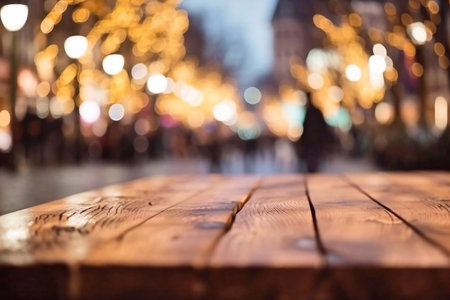 Empty wooden table in front of blurred background of night city street lights.の素材