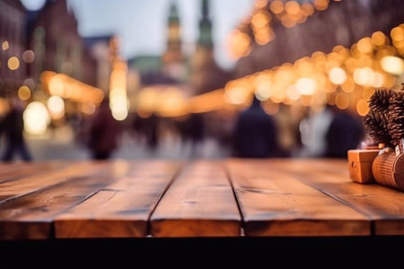 Empty wooden table in front of blurred Christmas market in Riga, Latviaの素材
