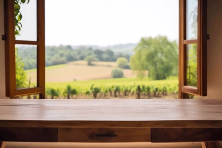 Empty wooden table in front of blurred vineyard background. Ready for product display assemblyの素材