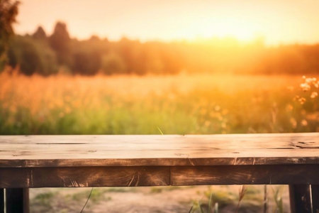 Empty table background. Ready for product display assembly. Wooden table with grass at sunset.の素材