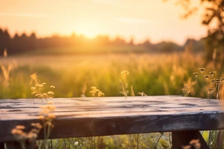 Wooden table in a meadow at sunset. Selective focus.の素材