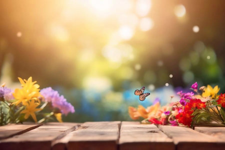 Wooden table with flowers and butterfly on bokeh background.の素材