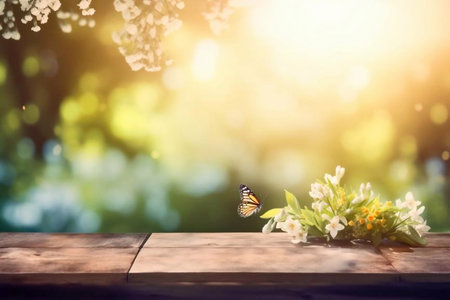 Wooden table with spring flowers and butterfly on bokeh backgroundの素材