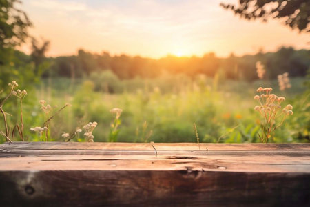 Wooden table in front of beautiful sunset background. Selective focus.の素材