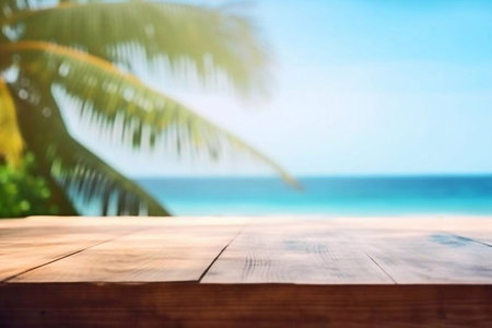Wooden deck table top on blur tropical beach background - can be used for display or montage your productsの素材
