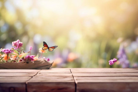 Wooden table with butterfly and flowers in the garden, nature backgroundの素材