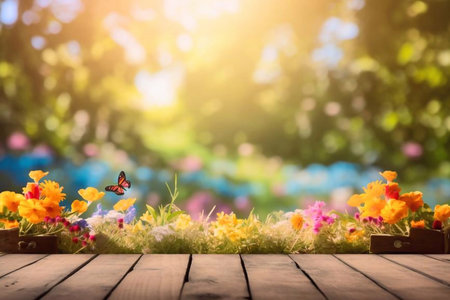 Wooden table with flowers and butterfly on bokeh background.の素材