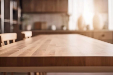 Empty wooden table and blurred background of kitchen interior. For product displayの素材