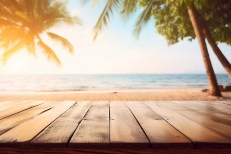 Wood table top on blur tropical beach background - can be used for display or montage your productsの素材