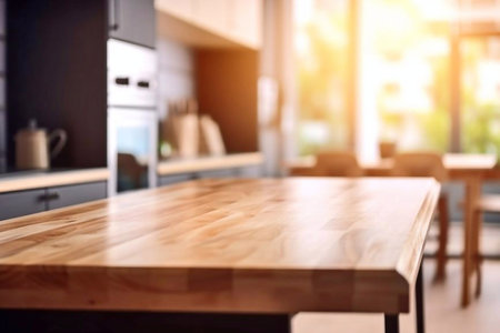 Empty wooden table and blurred kitchen interior background, product display montageの素材