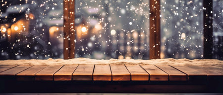 Wooden table in front of window with snow and bokehの素材