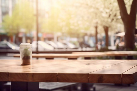 Empty wooden table and coffee shop blur background with bokeh image.の素材