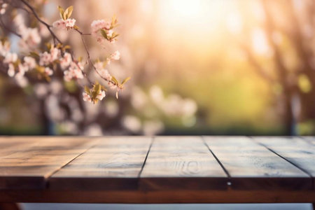 Wooden table in front of spring blooming tree. Selective focus.の素材