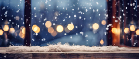 Wooden table in front of window with bokeh lights.の素材