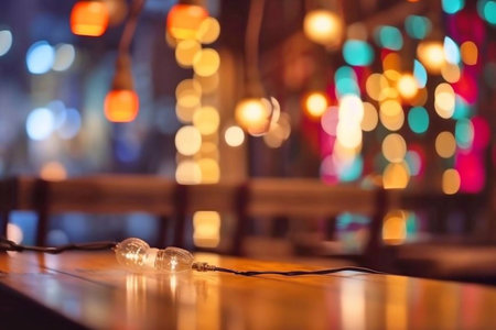 Christmas lights on a wooden table in a cafe, bokeh backgroundの素材