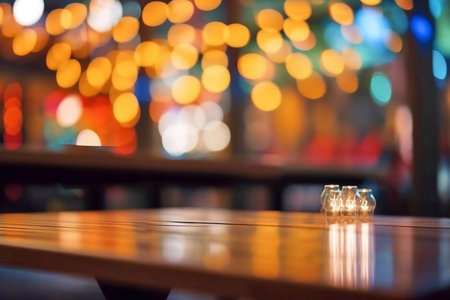 Empty wooden table and bokeh background of cafe in the nightの素材