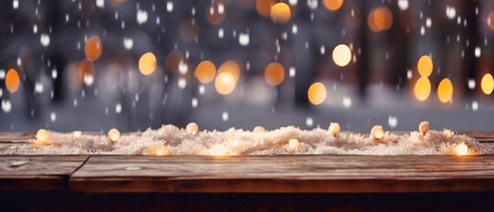 Wooden table with snow and bokeh lights. Winter backgroundの素材