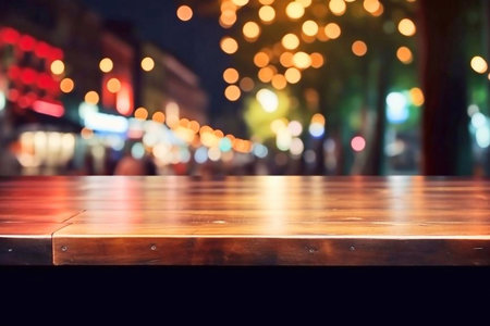 Empty wooden table and blurred background of street at night. For product displayの素材