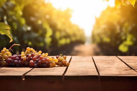 Ripe grapes on wooden table in vineyard at sunset, space for textの素材