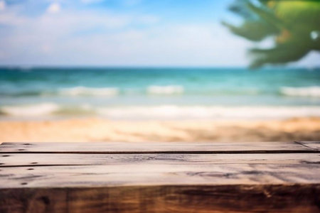 Wooden table on the background of the sea and the beach.の素材