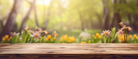 Wooden table in front of blurred background of spring flowers in the parkの素材